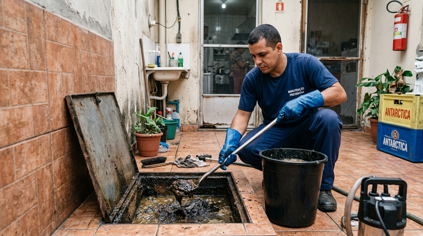Limpeza de caixa de gordura com equipamento em Ipatinga‑MG